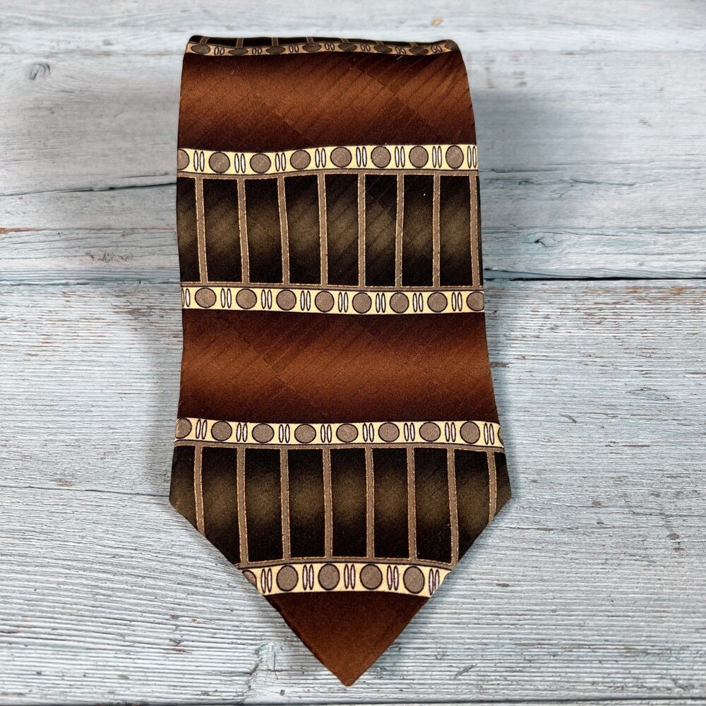 VTG Fenzia Silk Tie Geometric Art Deco 80s 90s Brown Abstract Retro Mens USA